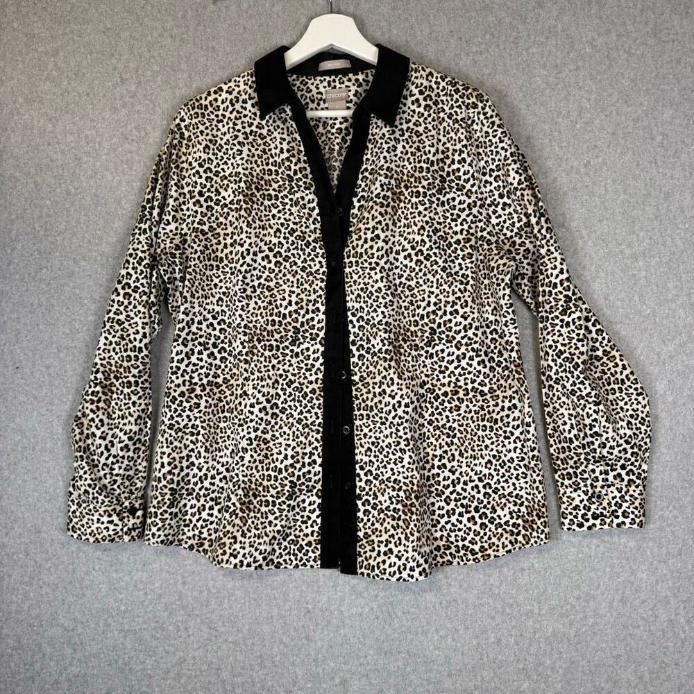 Chicos Womens 2 US Large Button Front Animal Cheetah Print Shirt Top Black Tan